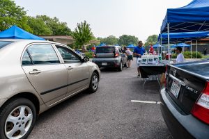 cars driving through an outdoor resource fair in a park